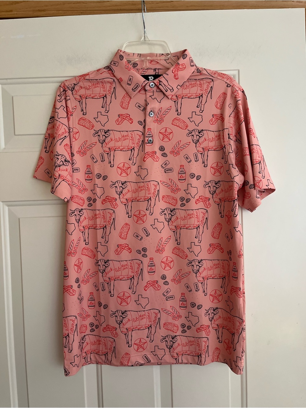 Men’s Light orange Raised By Coyotes Texas BBQ performance golf polo.Size small